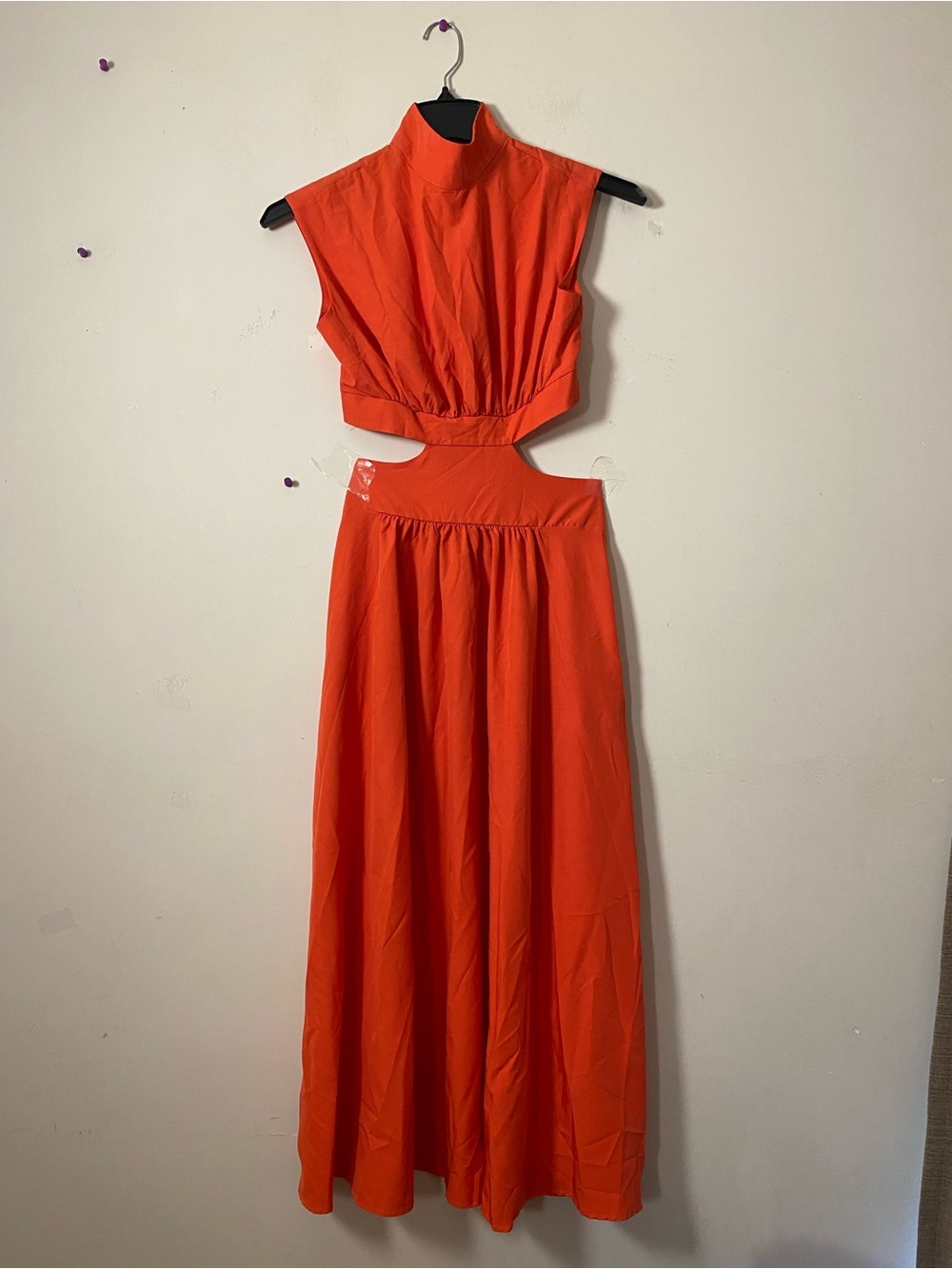 Cotton blend Sleeveless Cutout Maxi Dress in Bold Orange with Pockets, mock neck